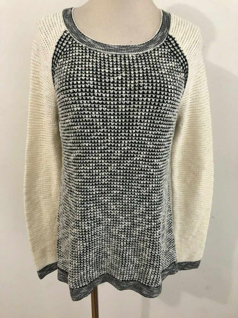 Ann Taylor LOFT Cotton-Blend Waffle Knit Sweater - Black & Ivory, Size L